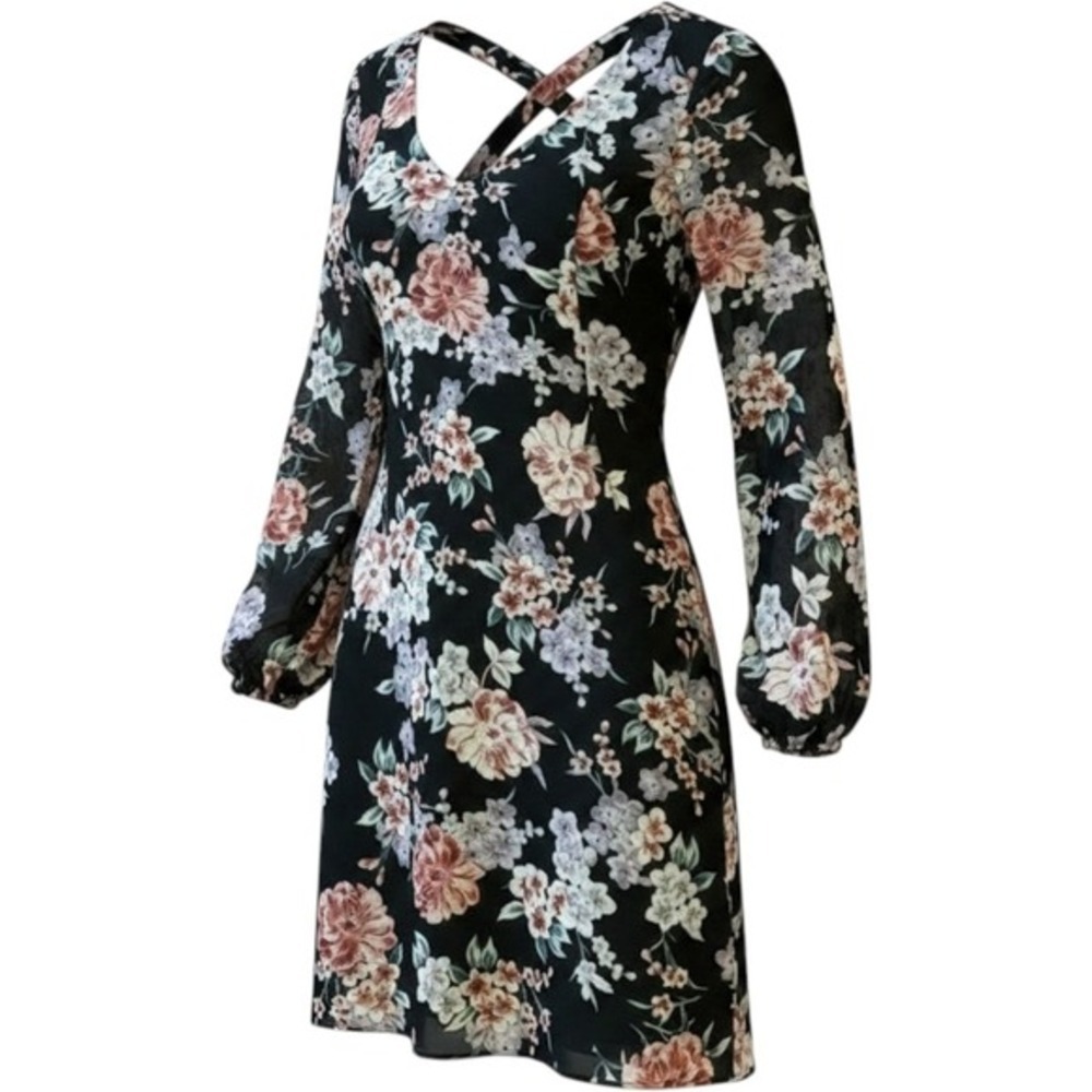 INC International Concepts Floral Mini Dress XS Black Violet Dove Chiffon New